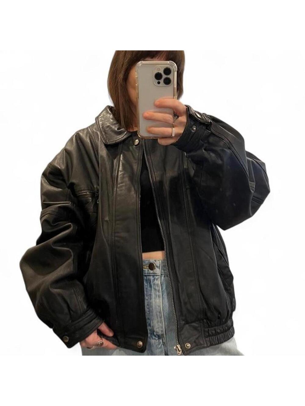 Vintage 90s Black Leather Bomber Jacket Oversized Genuine Leather Coat